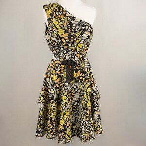 One33 Social Butterfly-Print Taffeta One-Shoulder Cut-Out Cocktail Dress, US 2